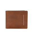 A brown leather bifold wallet with white contrast stitching and a vertical white stitched detail on the front, shown against a plain white background.