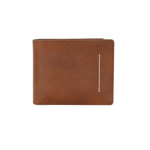A brown leather bifold wallet with white contrast stitching and a vertical white stitched detail on the front, shown against a plain white background.