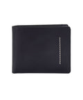 A black leather bi-fold wallet with a vertical white contrast stitch detail on the front, shown against a plain white background.