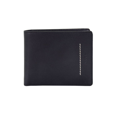 A black leather bi-fold wallet with a vertical white contrast stitch detail on the front, shown against a plain white background.